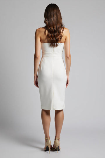 White Strapless Bodycon Midi Work Dress with Slit